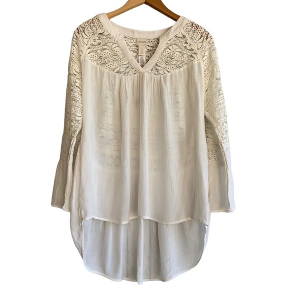 Chico's Tops - Chicos Lace Detail Popover Tunic Blouse Top Cream Bell Sleeves Feminine Size M